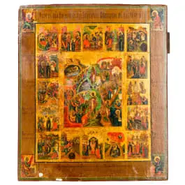 Festikon med 16 høytider og de fire evangelistene, Russland, 1800-tallet