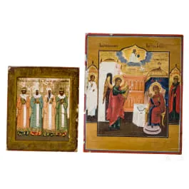 Deux petites icônes : Annonciation et les quatre métropolites de Moscou, Russie, 19e siècle