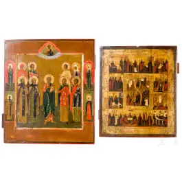 To ikoner: ikon med ni helgener og festikon, Russland, 1800-tallet / rundt 1900