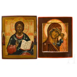 Deux icônes : Christ Pantocrator et Mère de Dieu de Kazan, Russie, 19e siècle