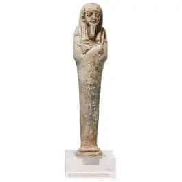 Uschebti aus Fayence mit Hieroglypheninschrift auf Rückseite, Spätzeit, Mitte 1. Jtsd. v. Chr.