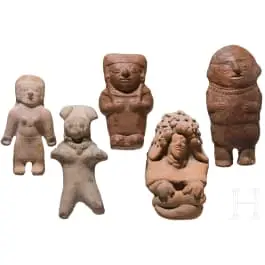 五件前哥伦布时期陶俑，厄瓜多尔，约公元500 - 1500年
