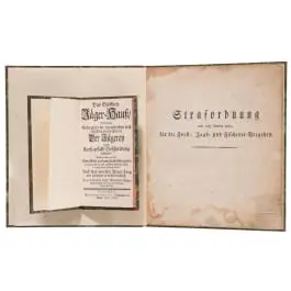 „Das geöffnete Jägerhaus” e un regolamento penale venatorio, in tedesco, datati 1706 e 1820