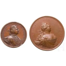 Dvě pamětní medaile bitvy u Pelkina 1713 a zrušení vnitřních cel v Rusku v roce 1753
