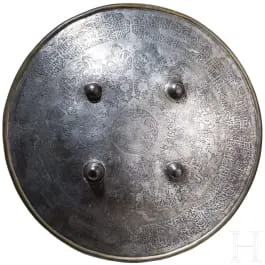 Silbertauschierter, eiserner Rundschild (Sipar), Indien, 19. Jhdt.