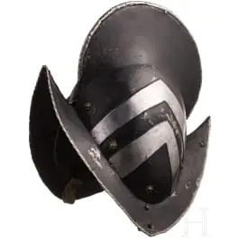Vysoký černo-bílý morion, jihoněmecký, kolem 1580/90