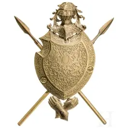 Scudo trofeo decorativo in ottone fuso, fonderia di ferro L. Meyer, circa 1900