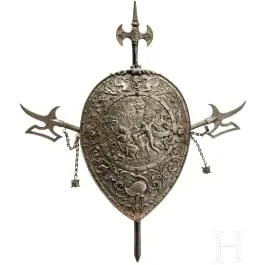Scudo trofeo decorativo, ghisa, seconda metà del XIX secolo