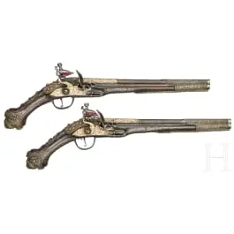 Izuzetan par osmanskih kremenih pištolja sa srebrnim filigranskim ukrasom, datiran 1849.