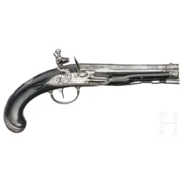 Pistola da viaggio a pietra focaia con calcio in ebano, J. H. Bartholomäus a Zella, circa 1760