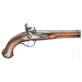 Pistola da viaggio a pietra focaia, Francia, circa 1770