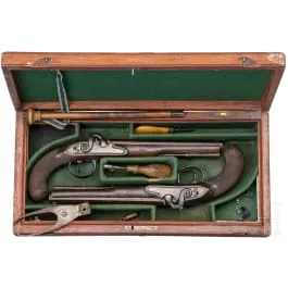 Paire de pistolets à percussion dans un coffret, Barber à Newark (GB), vers 1820