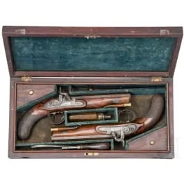 Et par perkussionspistoler i kasse, Lancester (GB), omkring 1850