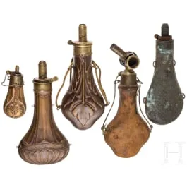 Five copper powder flasks, triple James Dixon & Son's in Sheffield, second half 19th century