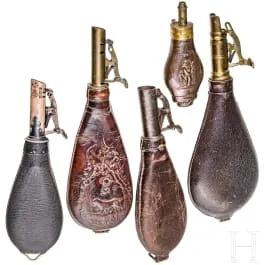 Four shot pouches and one priming flask, England, circa 1900