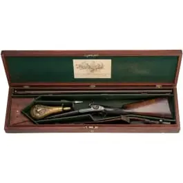 Fucile a doppia canna a percussione J. Manton, Londra, in custodia, circa 1870