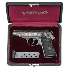 Walther (Zella-Mehlis) Mod. PP, grabada, en estuche