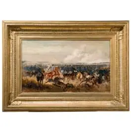 Dipinto a olio di un attacco degli ussari austriaci, attribuito ad Alexander Ritter (1820 - 1902)