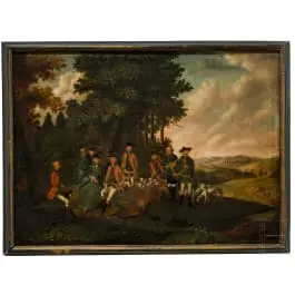 „Compagnia di caccia nel paesaggio”, scuola continentale, probabilmente fine XVIII sec.