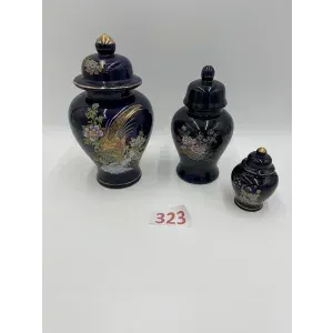 3 porcelain lidded vases cobalt blue