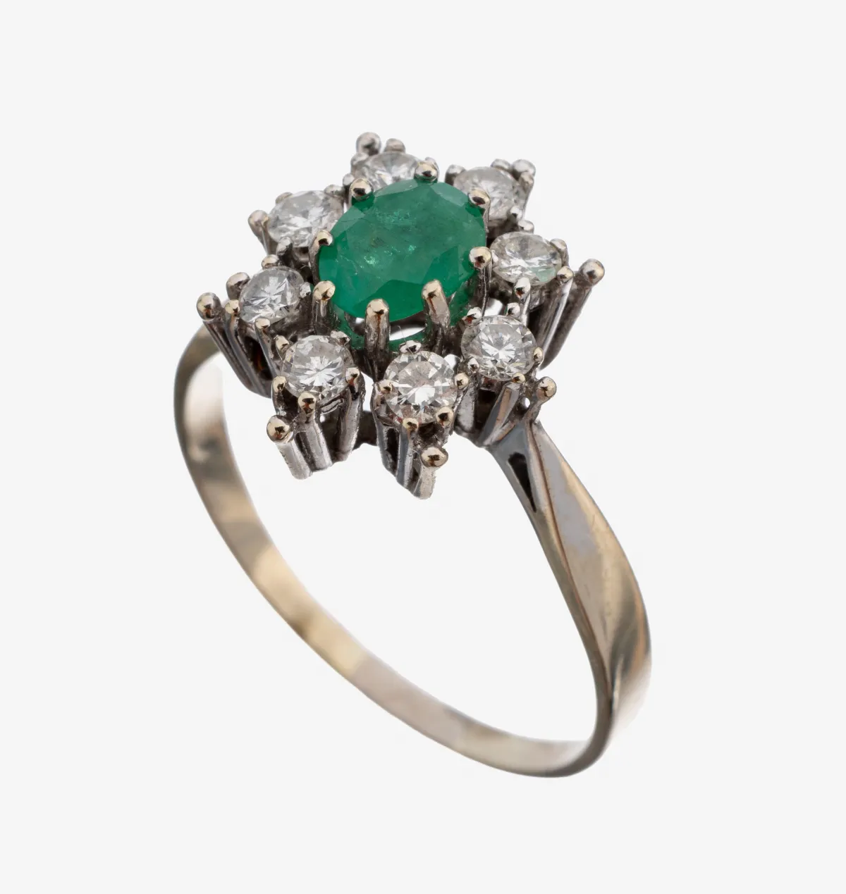 14 kt goud smaragd-diamant ring, witgoud 585/000, ovaal gefacetteerde smaragd ca. 0,40 ct, 8