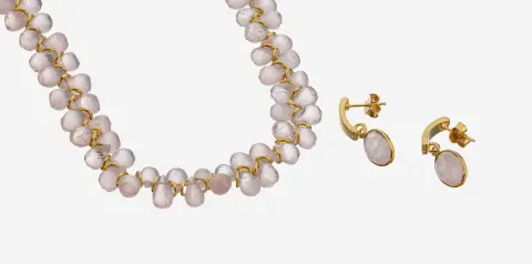 Rozenkwarts sieradenset, 925 zilver verguld, bestaande uit: 1 collier, L. ca. 50 cm, gefacetteerd