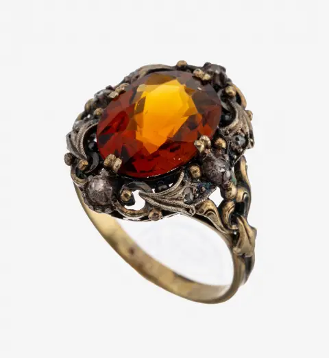 Bague citrine-diamant en or 14 kt, or jaune 585/000, style baroque, tête partiellement argent