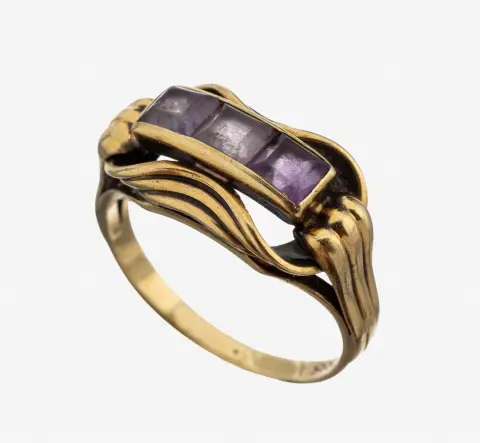 Bague améthyste en or 14 kt, années 1950, or 585/000, 3 carrés améthyste, taille 52, env. 3,7 g