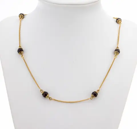 Collier or 18 ct grenat, or jaune 750/000, boules de grenat facettées comme entretoises, L