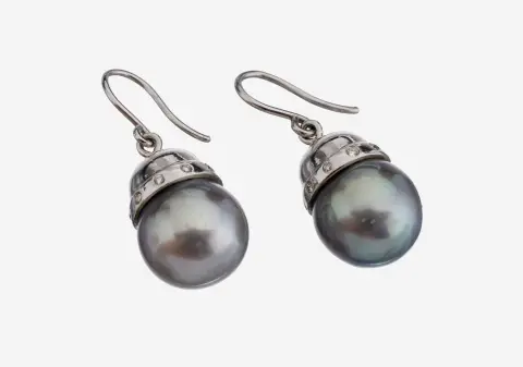 Paire de pendants d'oreilles perle-brillant en or 14 kt, or blanc 585/000, suspension mobile