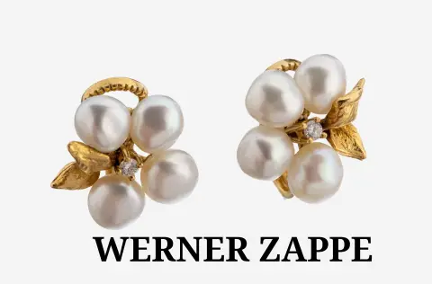 Paire de clips d'oreilles en or 18 ct WERNER ZAPPE perle-brillant, or jaune 750/000, baroques