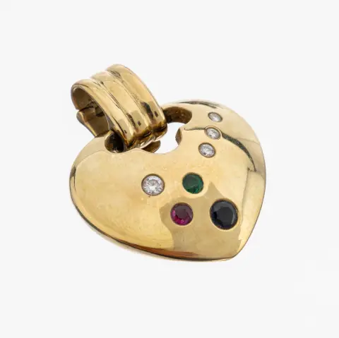 Pendentif en or 14 ct rubis-émeraude-saphir-brillant, or jaune 585/000, cœur, facettes rondes
