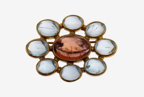 Broche rubellite-aigue-marine en or 14 ct, or jaune 585/000 poinçonné, forme florale abstraite, centre