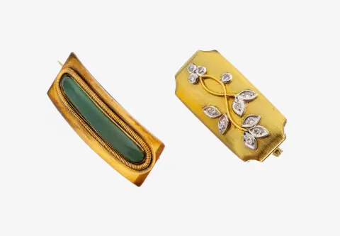 Broche diamant en or 14 kt, or jaune/blanc 585/000, élément floral en or blanc avec 11 diamants 8/8