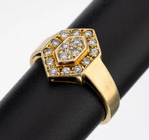 Bague solitaire or 14 kt, or jaune 585/000, géométrique, 16 brillants env. 0,32 ct