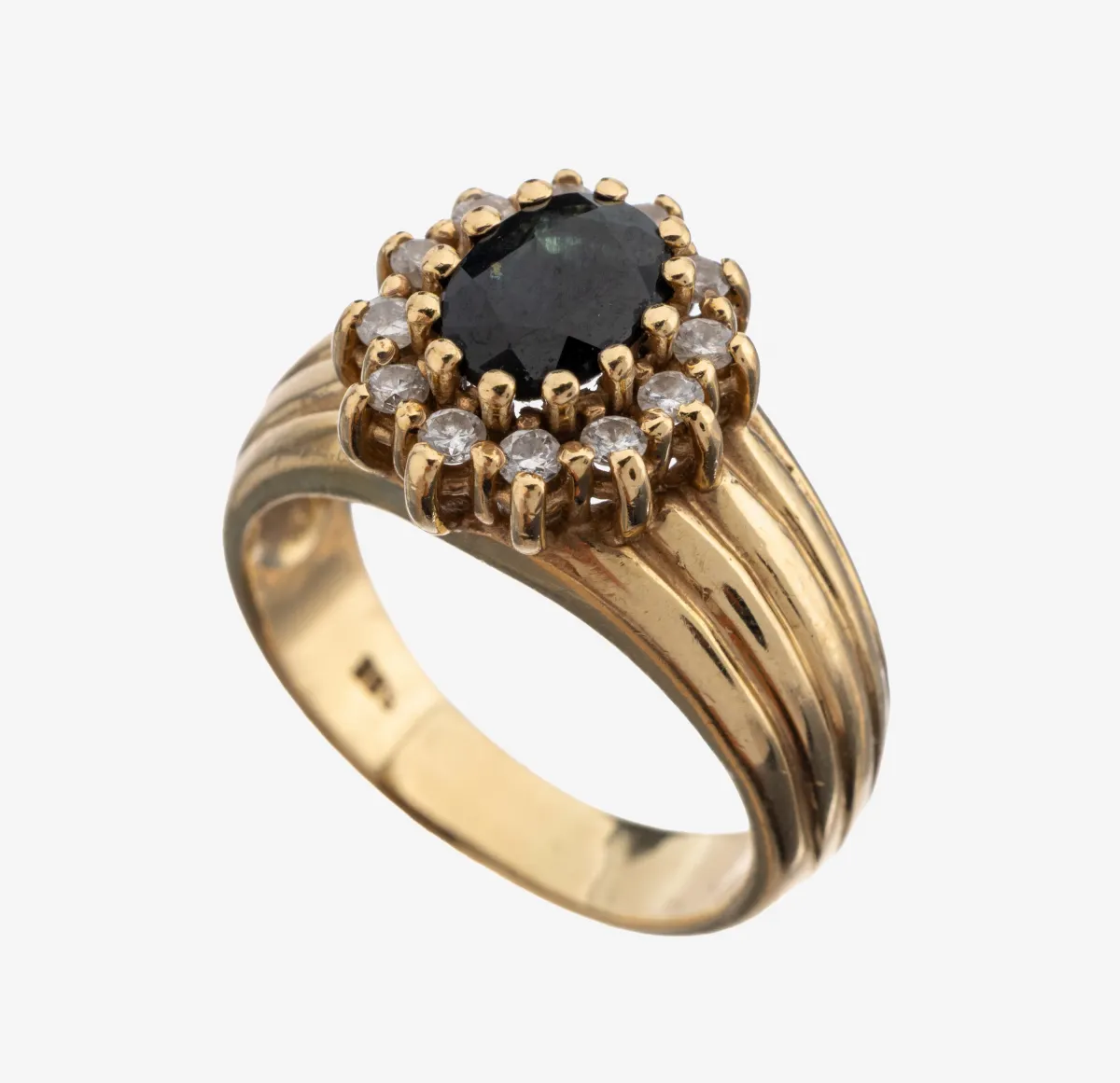 Bague saphir-brillant or 14 ct, or 585/000, saphir ovale facetté central env. 1.40 ct,