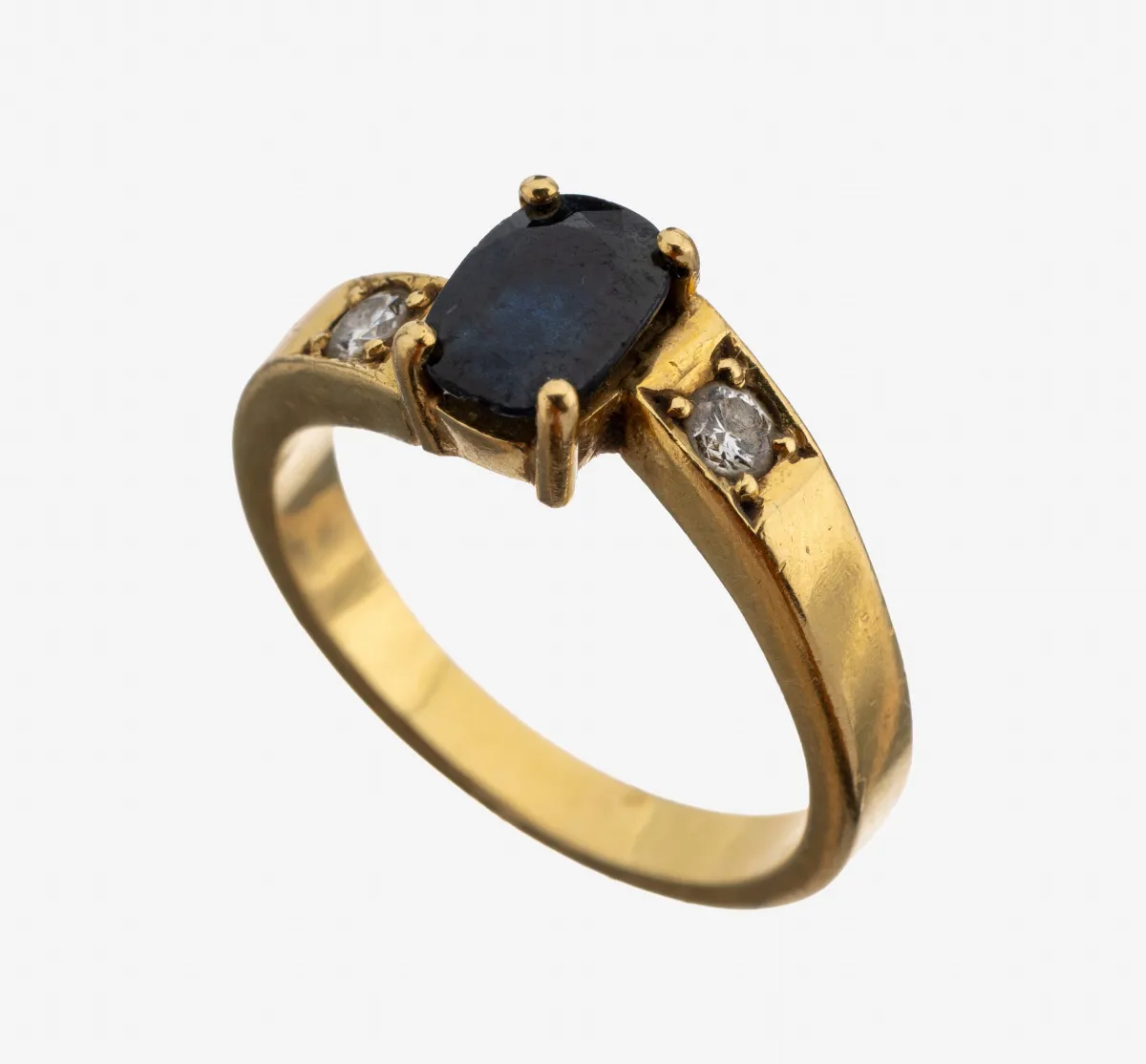 18 kt Gold Saphir-Brillant-Ring, GG 750/000, asymm. Ringschiene, ovalfacett. Saphir ca