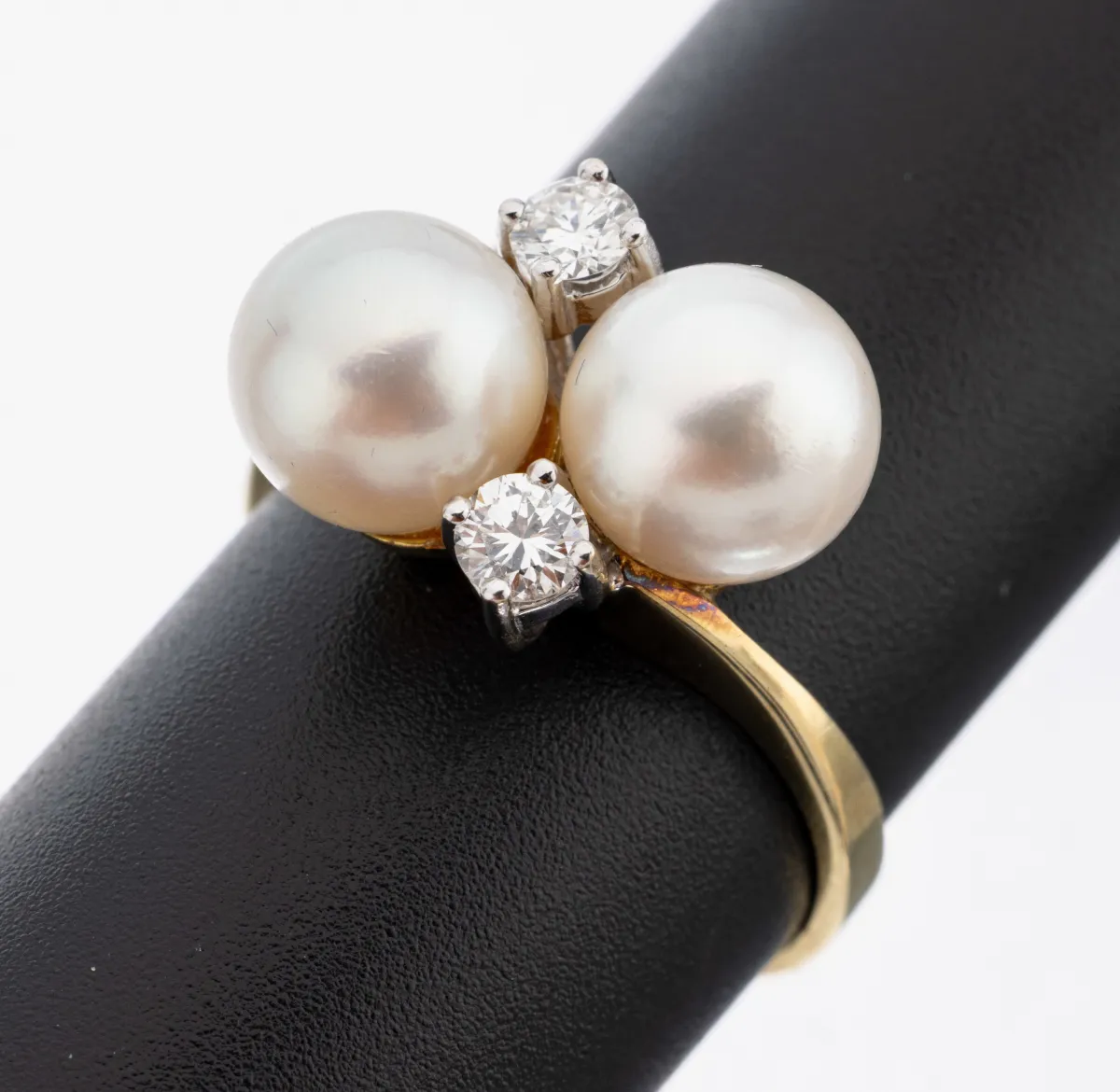 Bague perle-brillant or 14 ct, or gris 585/000, 2 perles de culture d'eau douce, D. env. 8 mm, 2