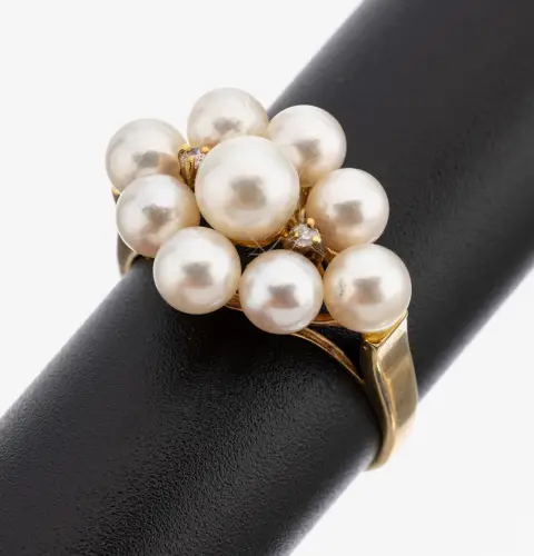 Bague perle-brillant or 14 ct, or gris 585/000, 9 perles de culture Akoya de tailles diff., 2