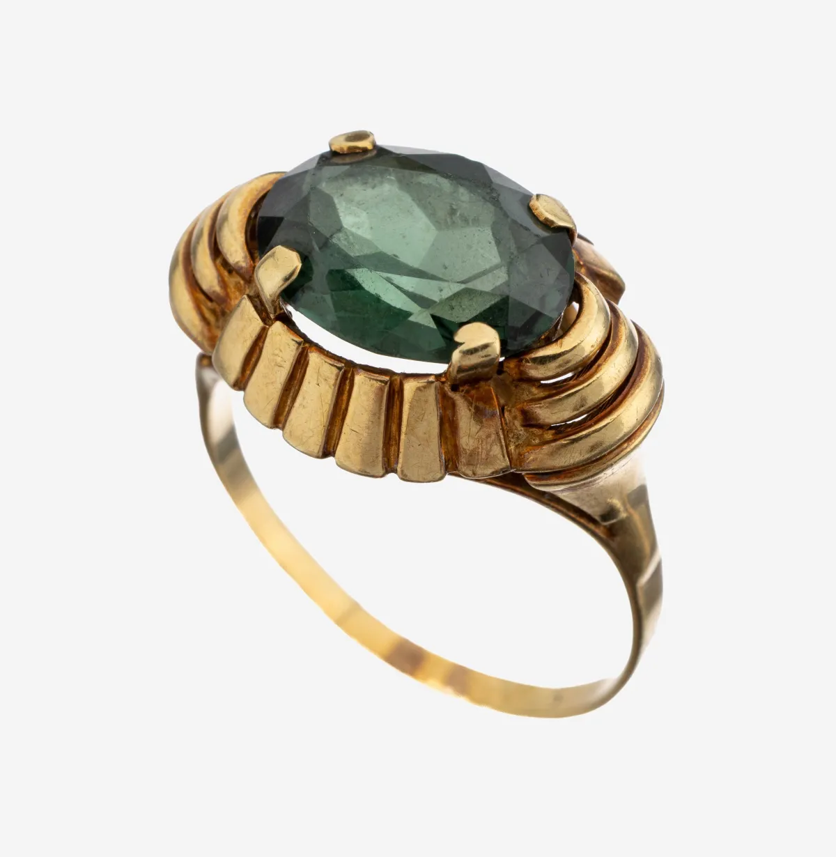 14 kt Gold Farbstein-Ring, 1950er Jahre, GG585/000, geometrisches Design, ovalfacett