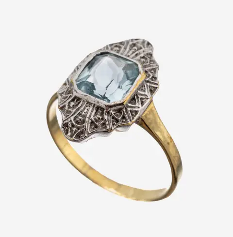 Bague aquamarine en or 9 ct, or gris/blanc 375/000, style Art déco, aquamarine taille coussin env.