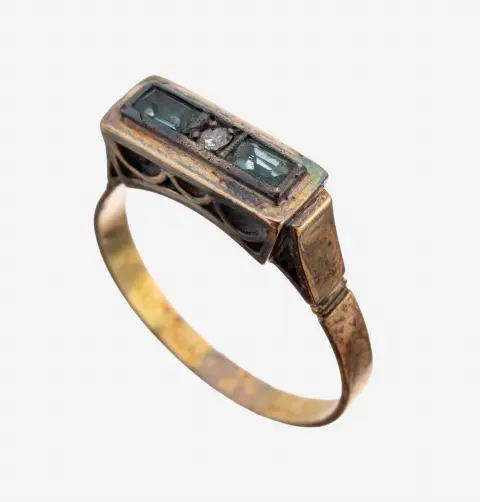 Bague en or 14 ct avec pierre colorée et brillant, années 1930, or 585/000, tête de bague en argent, 2