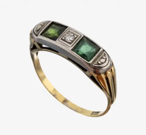Bague pierre de couleur-diamant en or 14 kt, or gris/blanc 585/000, 2 carrés, probablement tourmaline