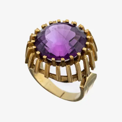 Bague améthyste en or 14 kt, GG 585/000, améthyste taille escalier ronde, monture