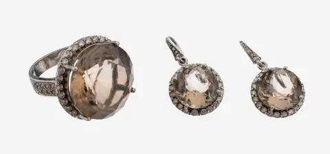 Parure en quartz fumé, argent 925, comprenant : 1 bague, RW 58, et 1 paire de boucles d'oreilles pendantes, 3