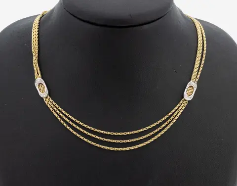Collier diamant en or 14 kt, GG/WG 585/000, 3 rangs, 2 maillons ovales GG avec 12 8/8-