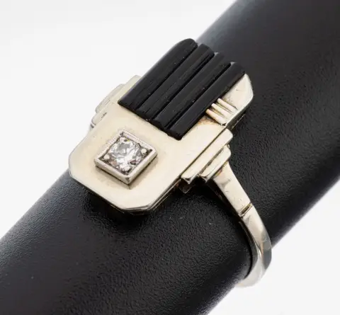 Bague Art déco onyx-brillant en or 18 ct, or blanc 750/000, onyx strié, diamant env.