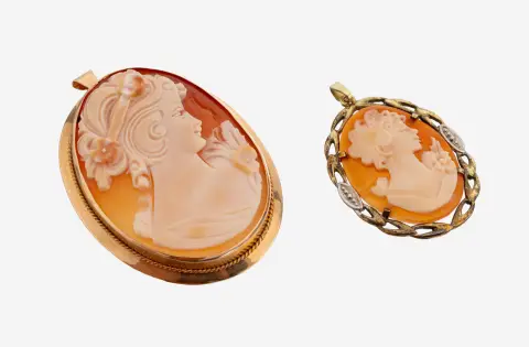 Broche camée en or 14 ct, or rose 585/000, camée ovale en coquille, dame en