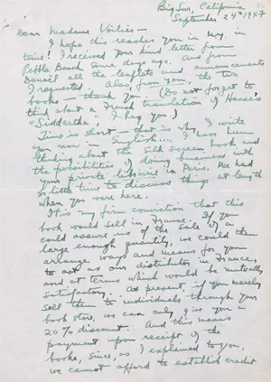Miller, Henry – Lettre à l'éditrice Madame Voilier. 1947