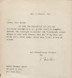 Einstein, Albert – Brief an Hermann Broch. 1942